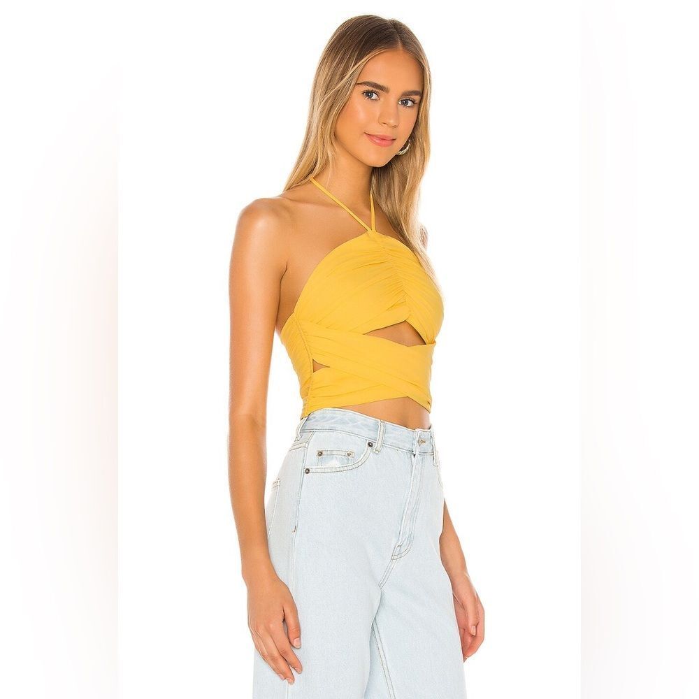 Superdown Harlie Halter Top Cutout Yellow Tie Neck Size Medium NWT